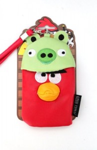 Red Angry Bird and Green Pig Leather Pouch Case for iPhone